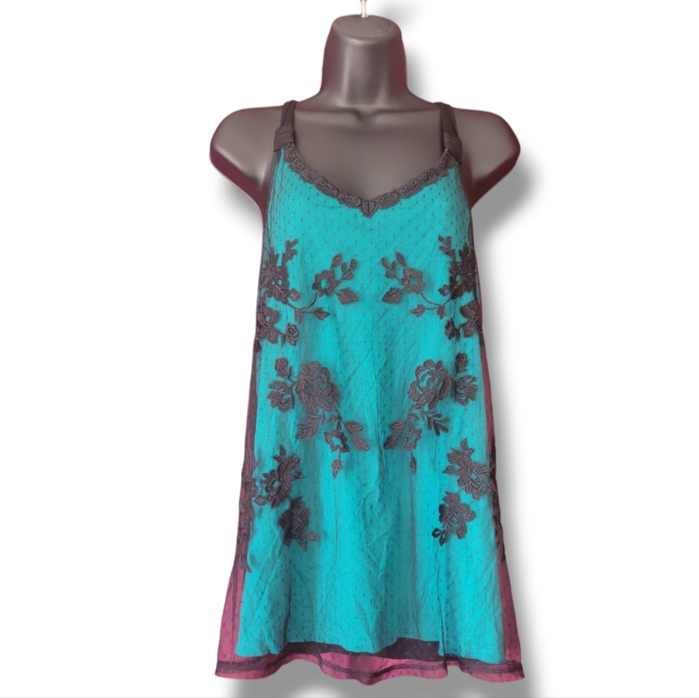 Jolt Teal Racerback Tank with Black Lace Overlay Sz Lg